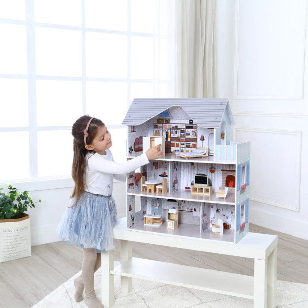 Ecotoys Drvena kućica za lutke Emma s namještajem