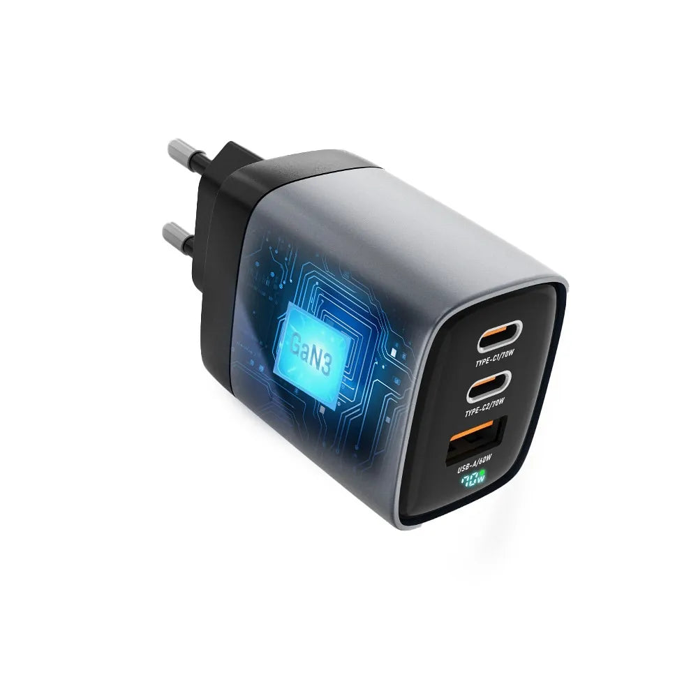 FORCELL F-ENERGY GaN III VT-37 omrežni polnilec z LCD zaslonom 2 x Type C + USB A PD QC4.0 SAM SFC2.0 3.45A 70W siv