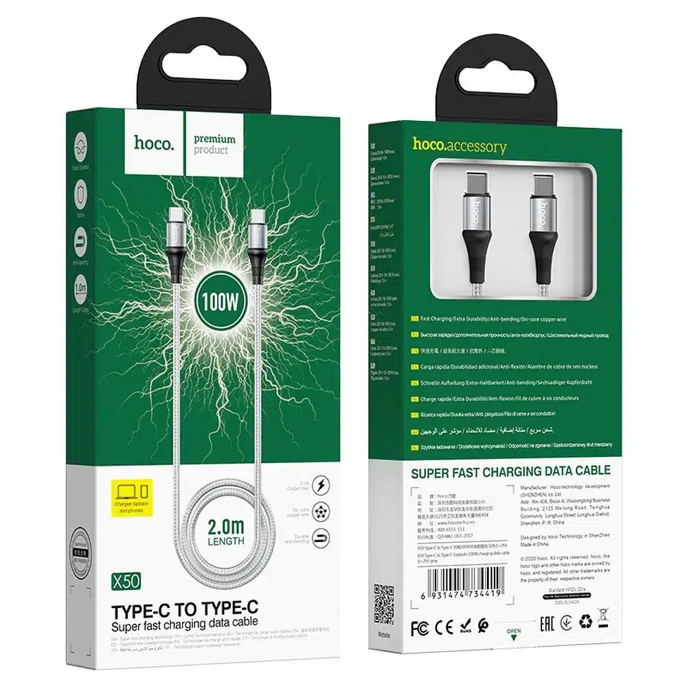 HOCO kabel Type C v Type C Exquisite Power Delivery PD 100W X50 2 metra siv