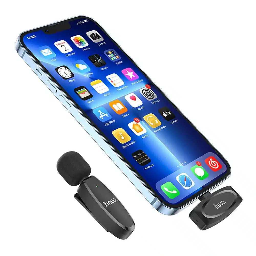 HOCO brezžični lavalier mikrofon za iPhone Lightning 8-pin L15 črn