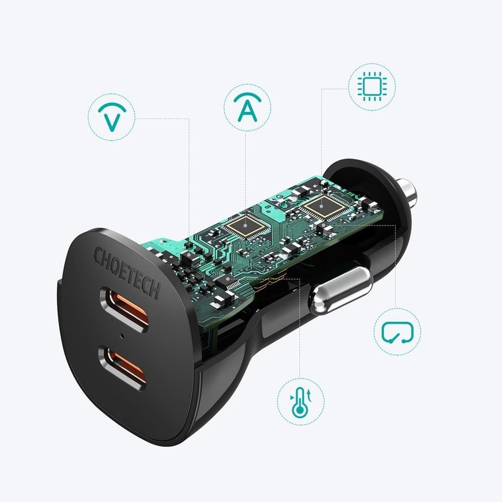 Choetech avtopolnilec 2x USB tip C Quick Charge Power Delivery 40W FCP AFC