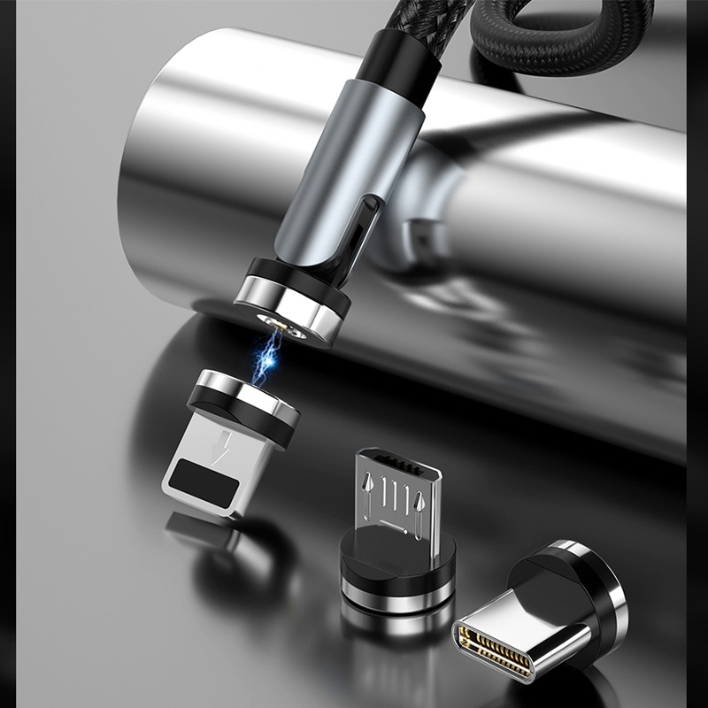 Dudao magnetni USB kabel + komplet vtičev Lightning / USB Type C / Micro USB 3 A 1 m siv
