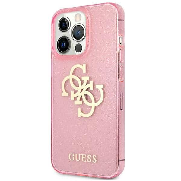 Guess maska za iPhone 13 Pro roza trda torbica Glitter 4G Big Logo