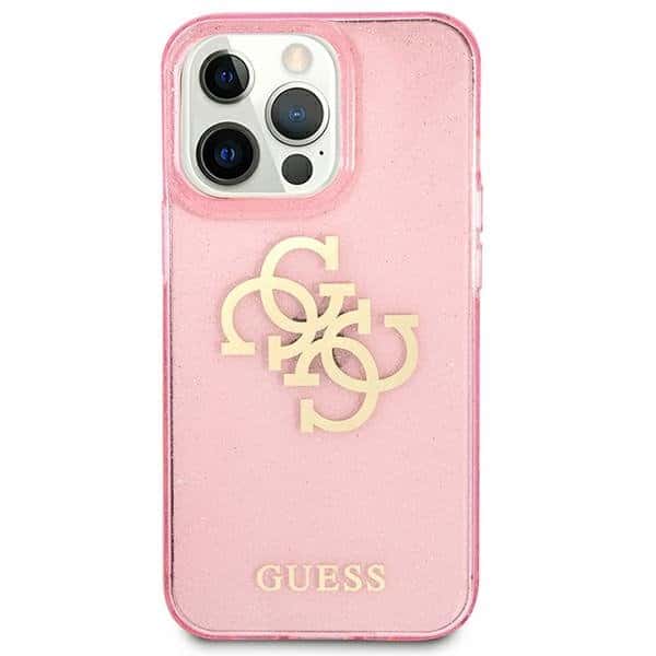 Guess maska za iPhone 13 Pro roza trda torbica Glitter 4G Big Logo