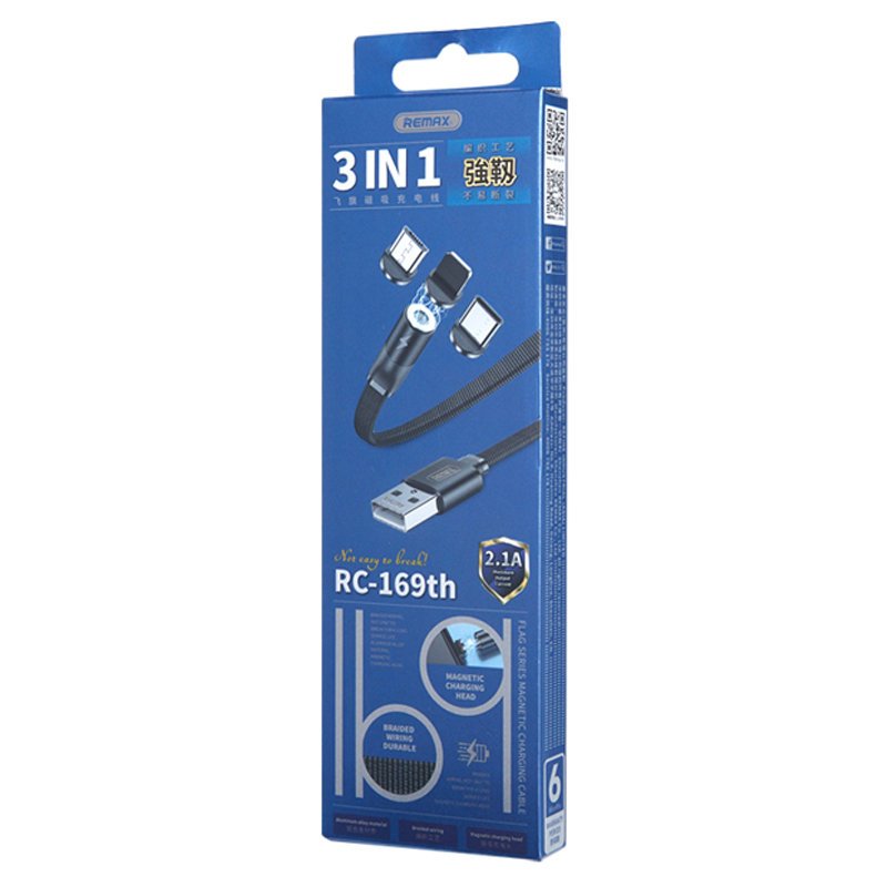REMAX magnetni USB kabel + set vtikačev Lightning / USB tip C / mikro USB 2.1A 1m