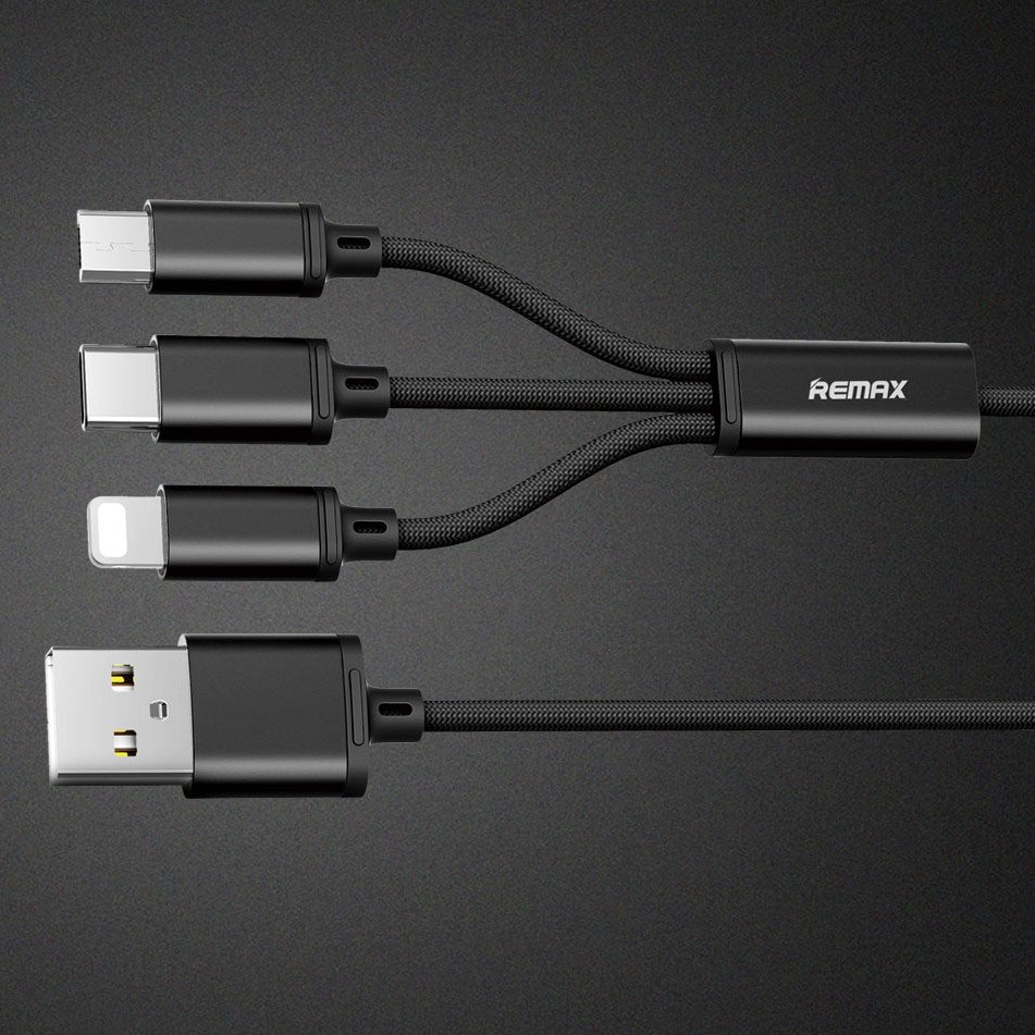 Remax Gition 3u1 pleteni USB-mikro USB / Lightning / USB-C kabel 2,8A 1,15M crni