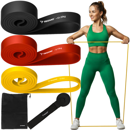 Set elastične trake za vježbanje – 3 komada (6 kg, 15 kg, 30 kg) + kuka + plan treninga