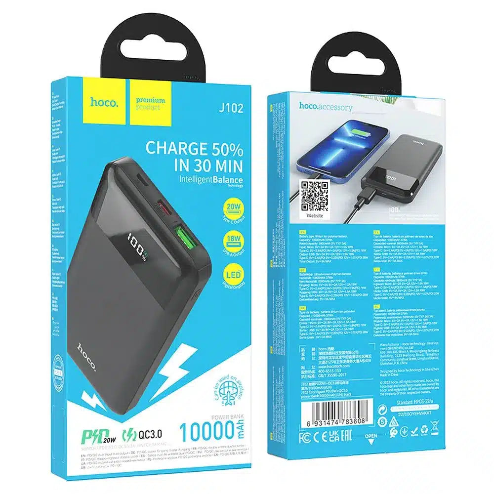 HOCO power bank 10000mAh PD QC3.0 3A 20W J102 črn