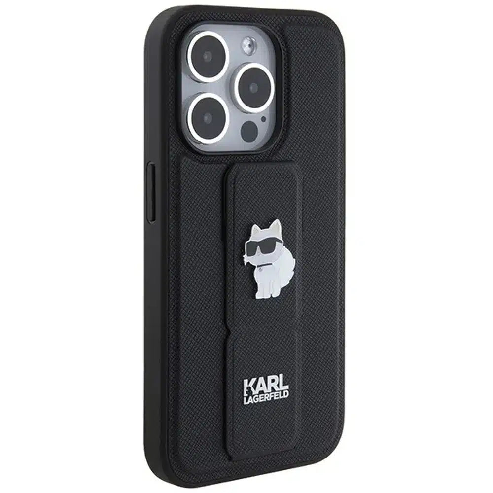 Originalna torbica KARL LAGERFELD Hardcase KLHCP14XGSACHPK za iPhone 14 Pro Max (Gripstand Saffiano choupette PIN / črna