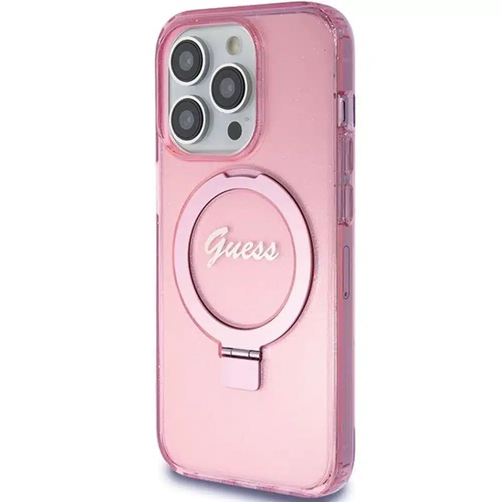 Originalna torbica GUESS Hardcase GUHMP15XHRSGSP za iPhone 15 Pro Max (Magsafe / bleščeč logotip / stojalo z obročkom / roza)