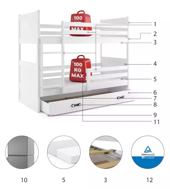 Krevet BMS Rico na kat + ladica 200x90 cm, BIA bijela