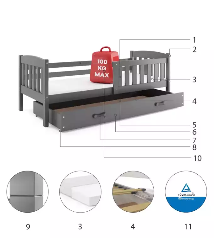 Krevet BMS Kubus + ladica 200x90 cm, GRF bijela