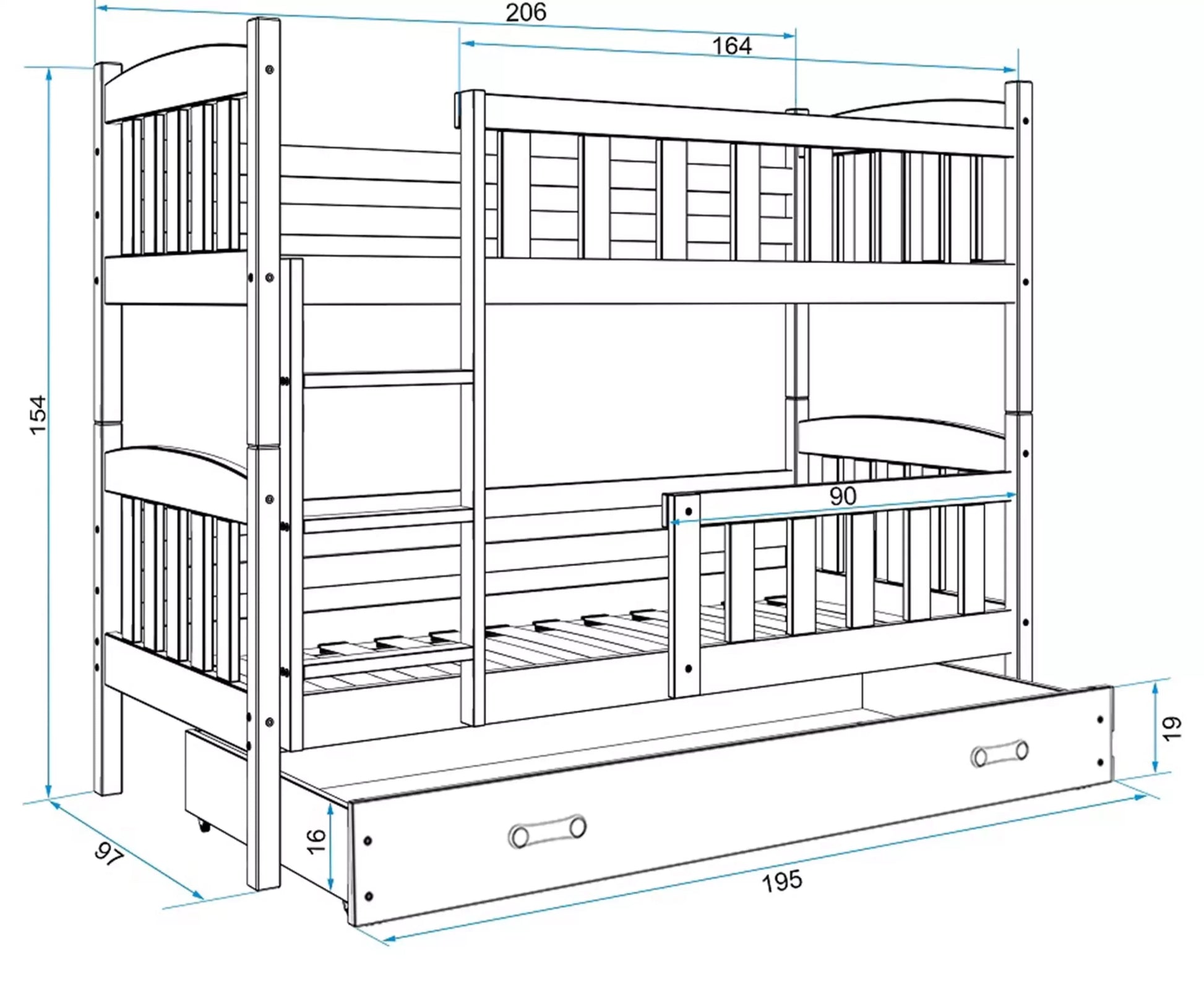 Krevet BMS Kubus na kat + ladica 200x90 cm, PINE bijela