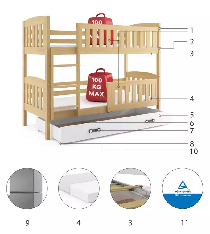 Krevet BMS Kubus na kat + ladica 200x90 cm, PINE
