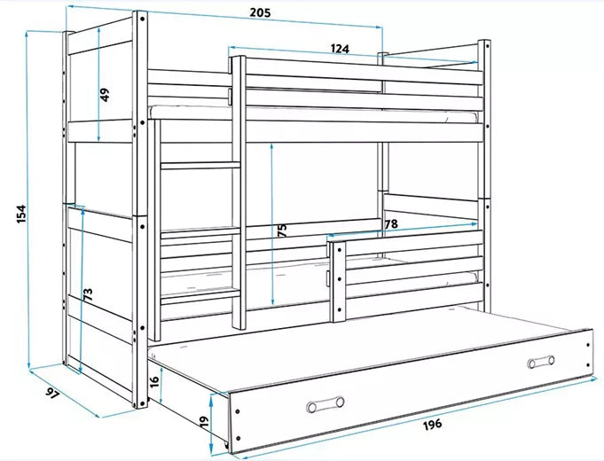 Krevet BMS Rico na kat za 3 osobe 200x90 cm, GRF bijela