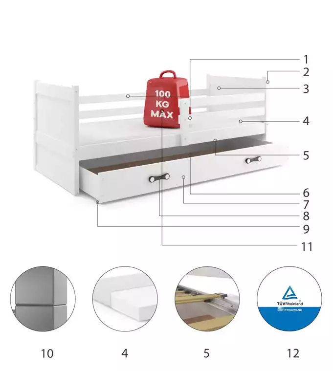 Krevet BMS Rico + ladica 200x90 cm, BIA zelena
