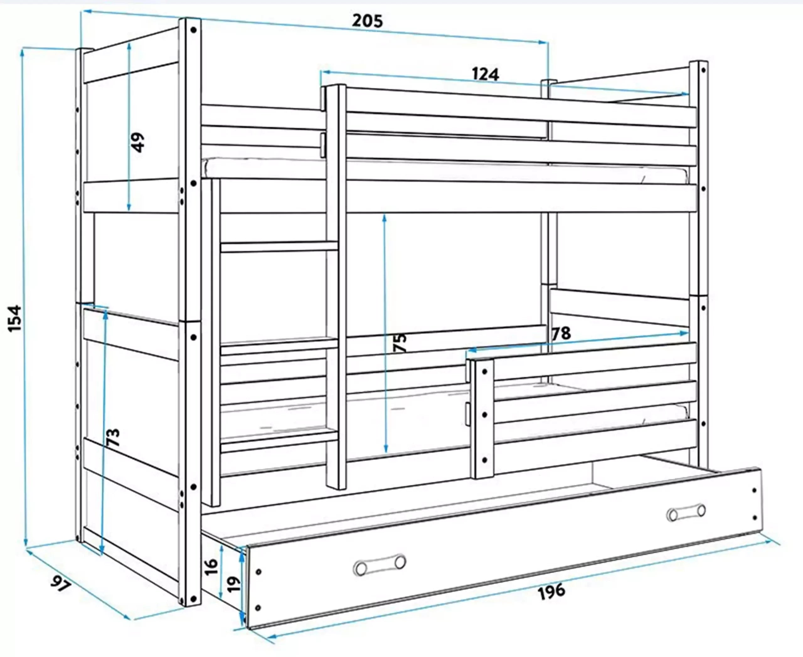 Krevet BMS Rico na kat + ladica 200x90 cm, BIA bijela
