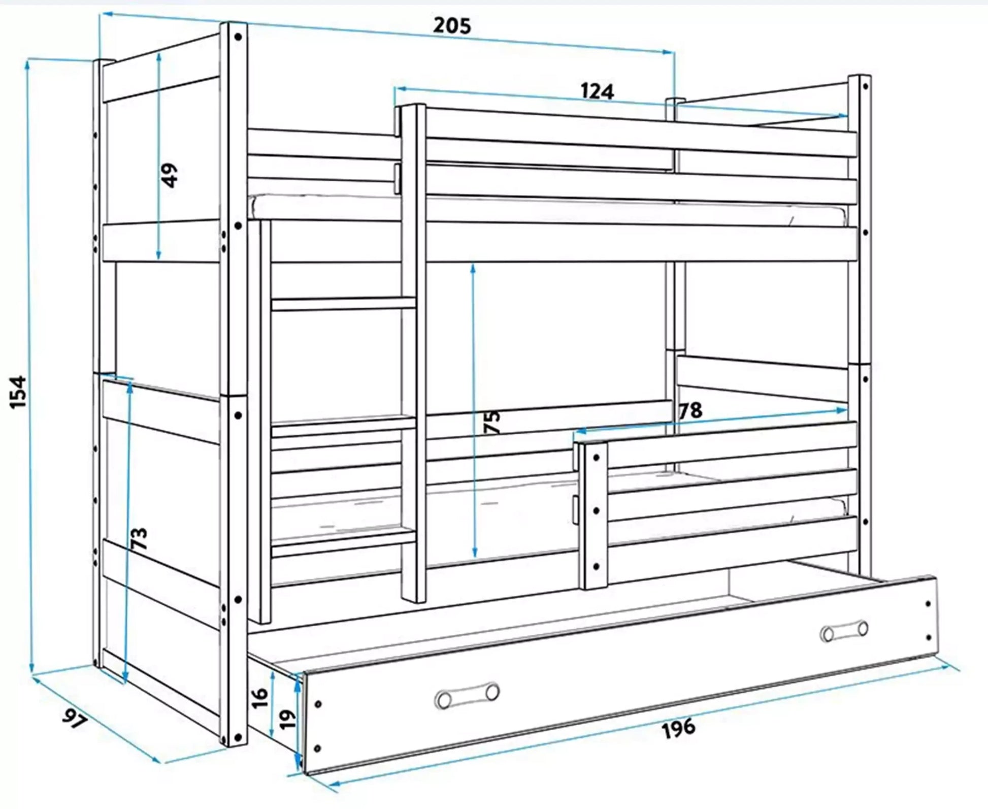 Krevet BMS Rico na kat + ladica 200x90 cm, GRF plava