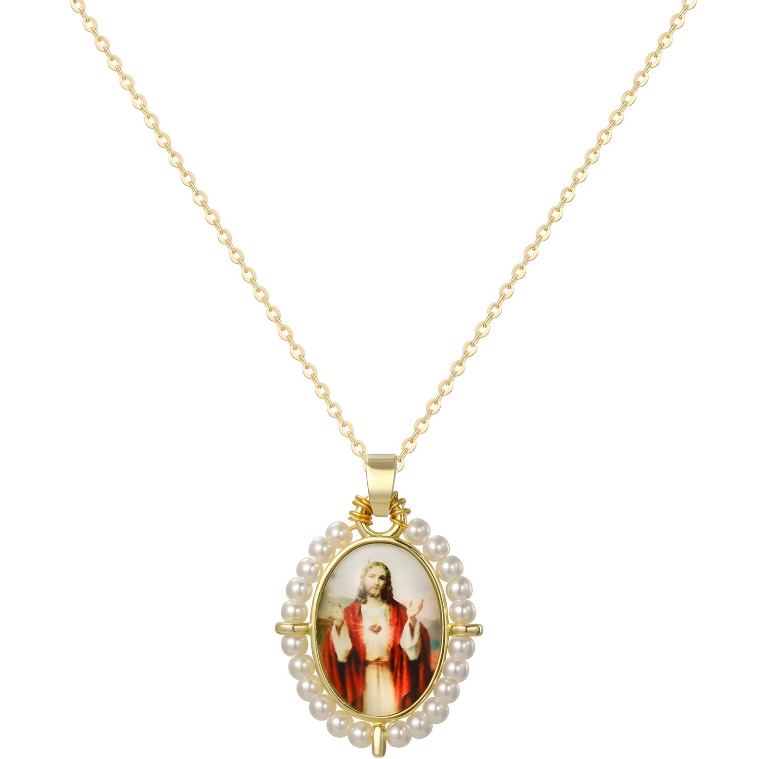 Ogrlica Medaljon Isus PM-41178 - Zlatna / Bijela / Tip3 KP41178