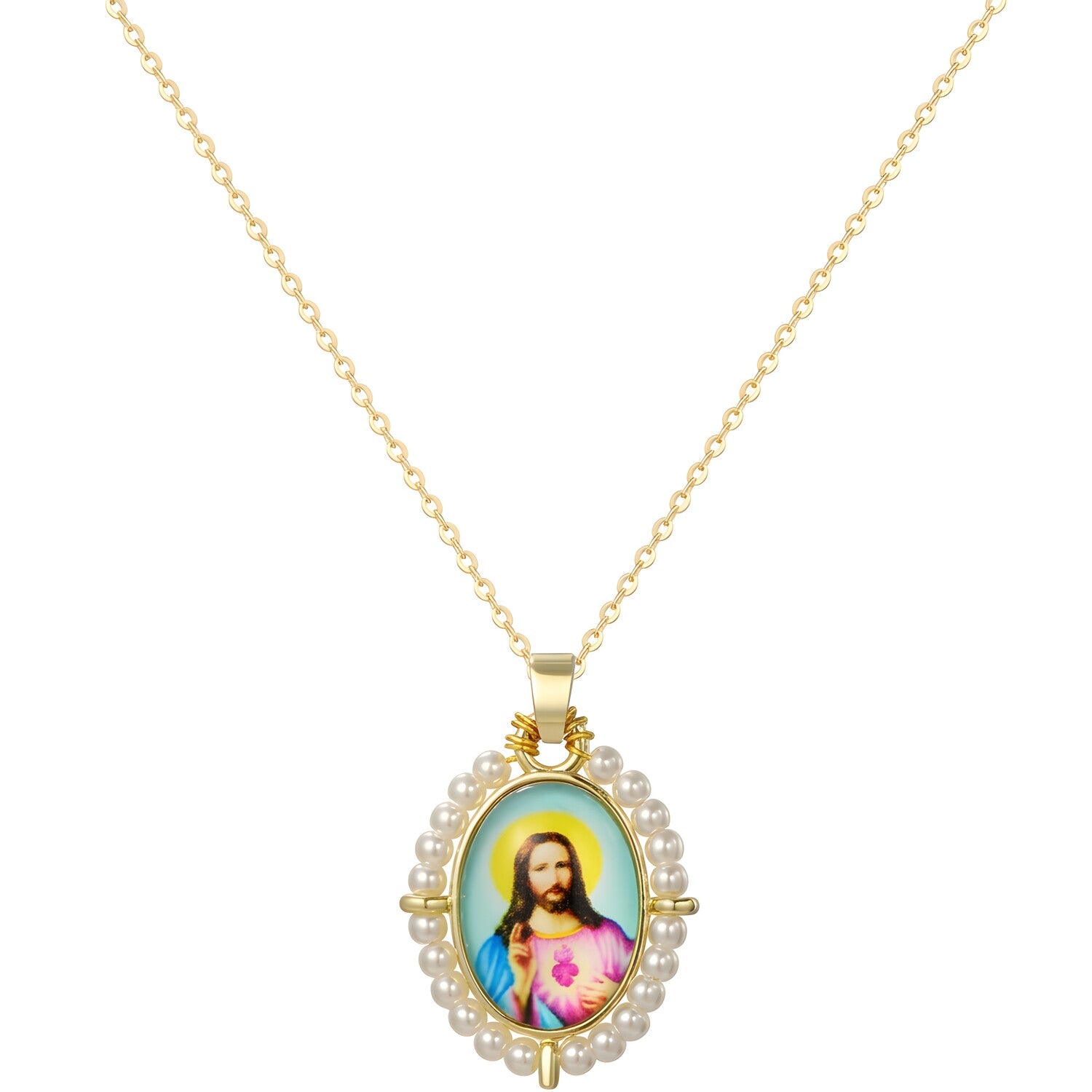 Ogrlica Medaljon Isus PM-41179 - Zlatna / Bijela / Tip4 KP41179