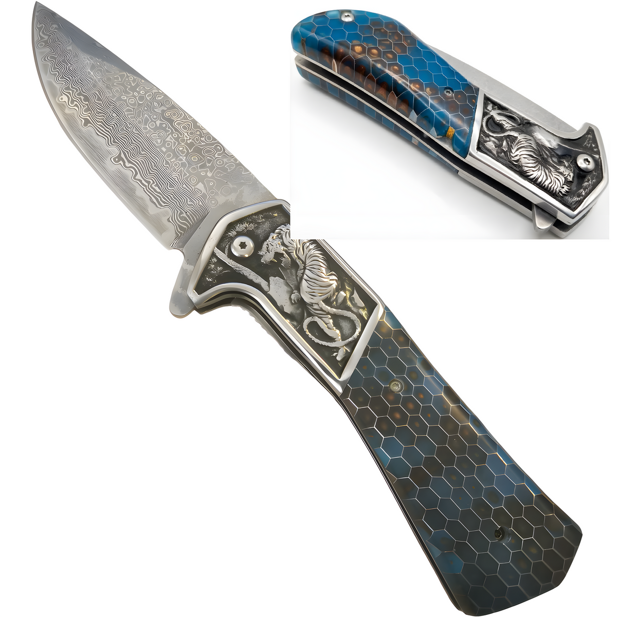 Damaščanski outdoor sklopivi nož CO-42105 DA3244 - Plav / 2. Kvaliteta KP42105