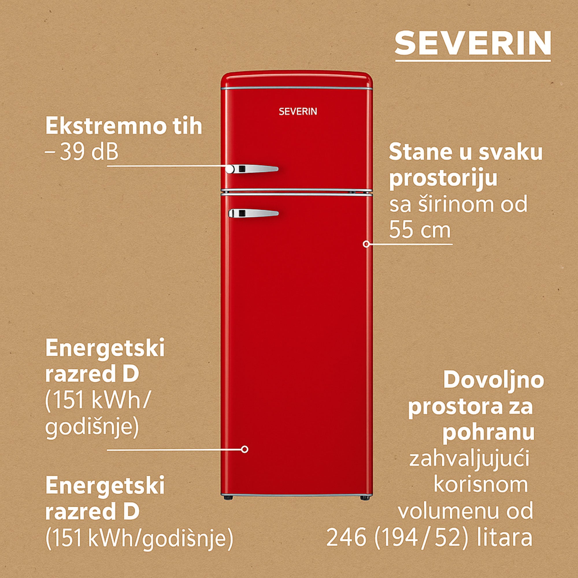 Severin Retro samostojeći hladnjak, crveni, 246 L, RKG 8983
