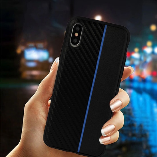 MOTO CARBON MASKA ZA SAMSUNG GALAXY A6 2018 ČRNA Z MODRIM TRAKOM