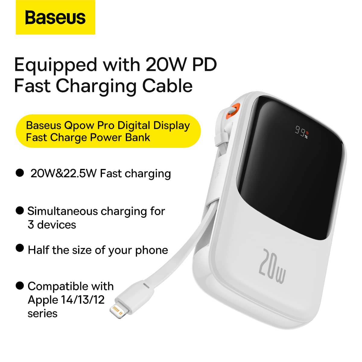 BASEUS POWER BANK 10000MAH QPOW PRO - USB + TYPE C - PD 20W S LIGHTNING KABLOM BELA
