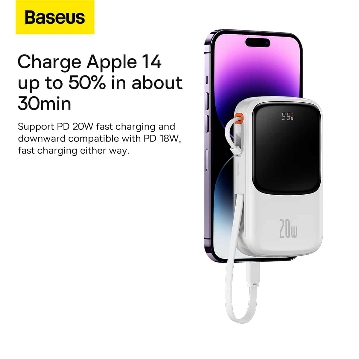 BASEUS POWER BANK 10000MAH QPOW PRO - USB + TYPE C - PD 20W S LIGHTNING KABLOM BELA