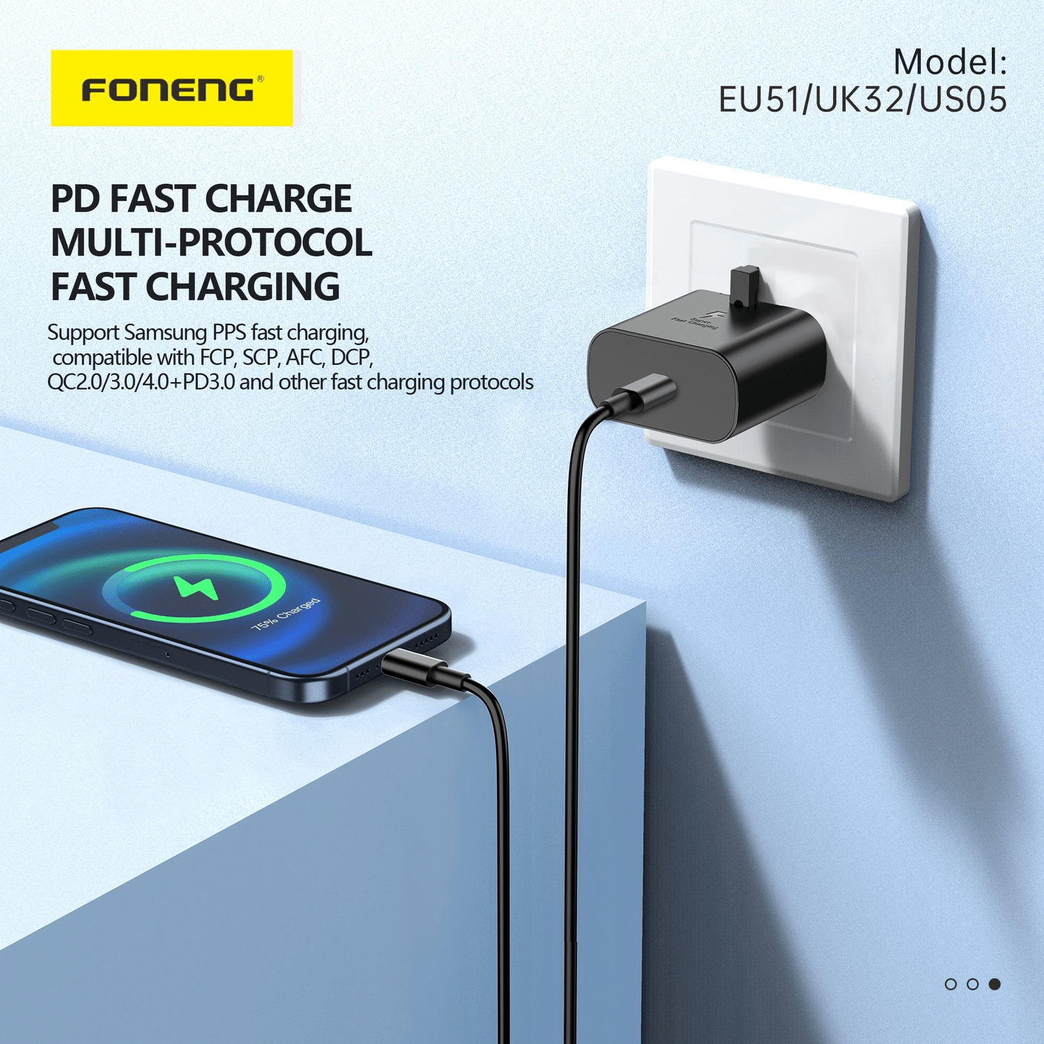 Hitri polnilnik za mobilne telefone Type-C s tehnologijo GaN - Foneng EU51 - PD 25W - črn