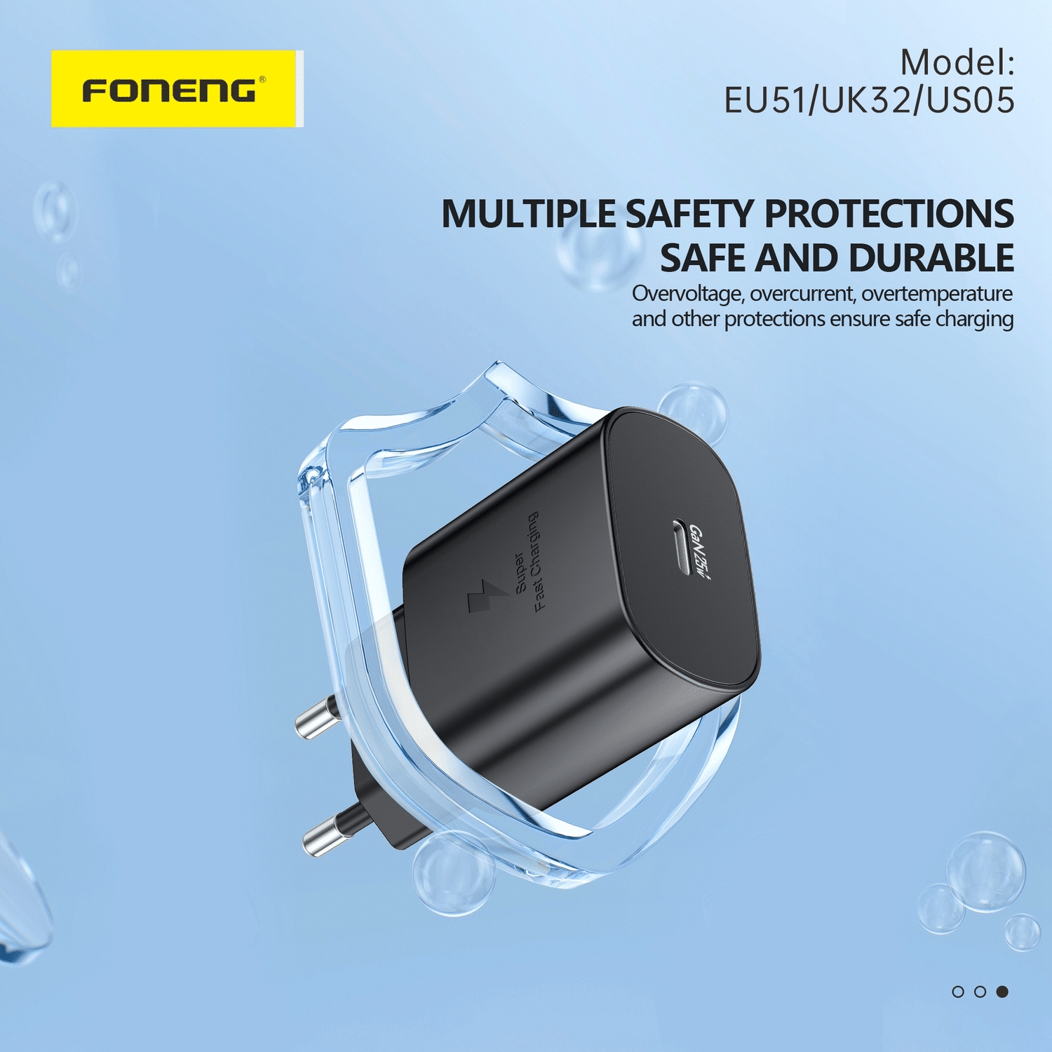 Foneng EU51 GaN stenski polnilnik – Type – C – PD 25 W s kablom Type C v Type C – črn