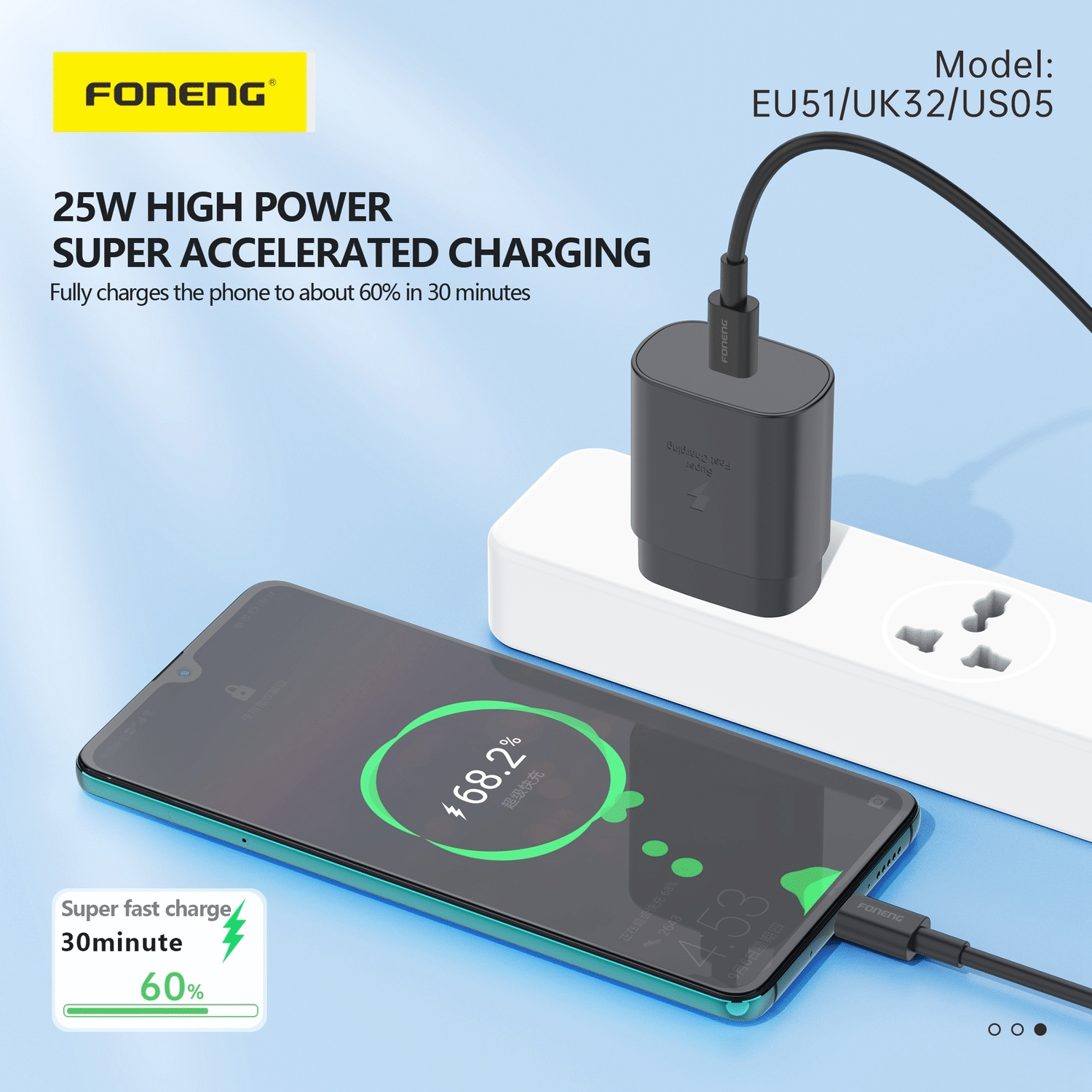 Foneng EU51 GaN stenski polnilnik – Type – C – PD 25 W s kablom Type C v Type C – črn