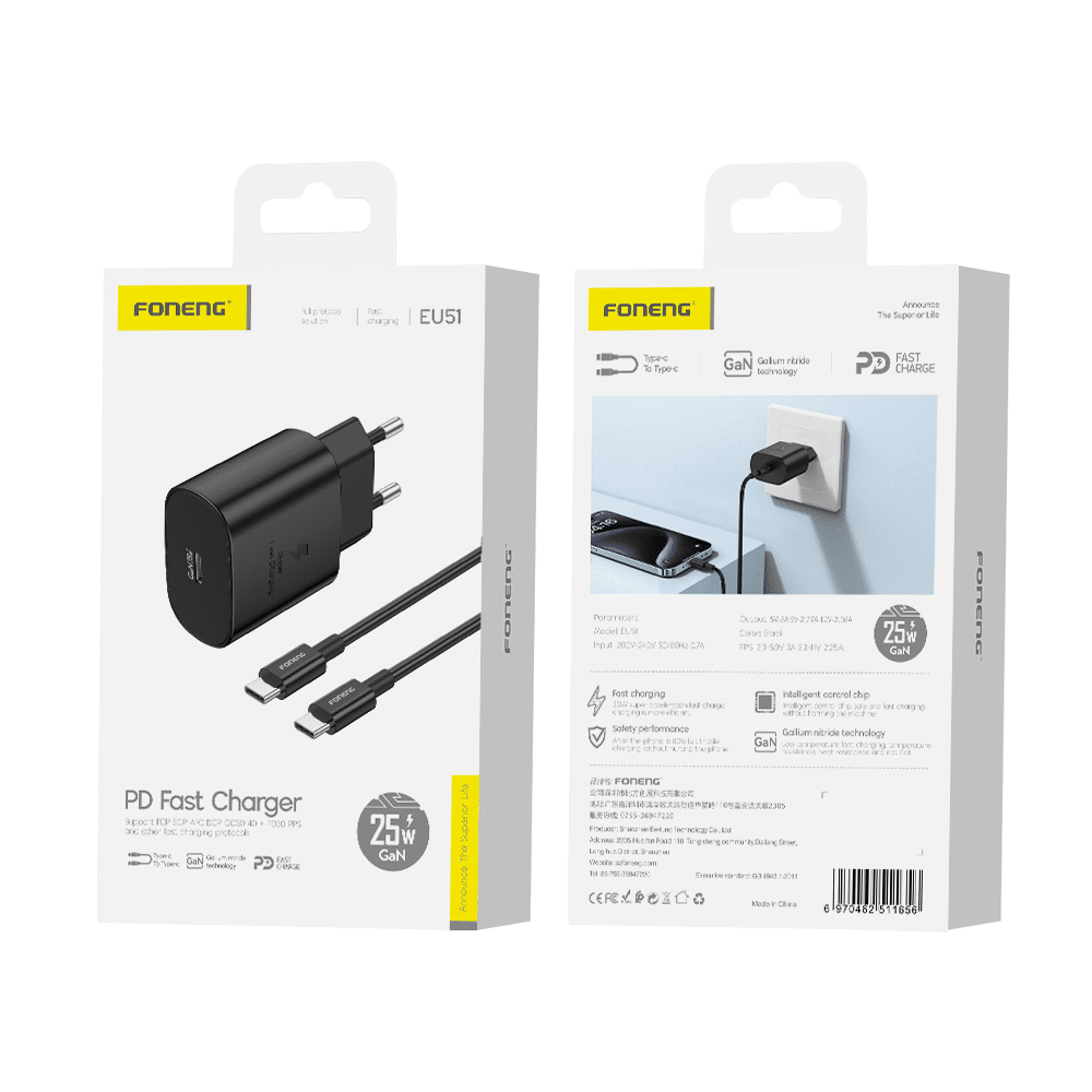 Foneng EU51 GaN stenski polnilnik – Type – C – PD 25 W s kablom Type C v Type C – črn