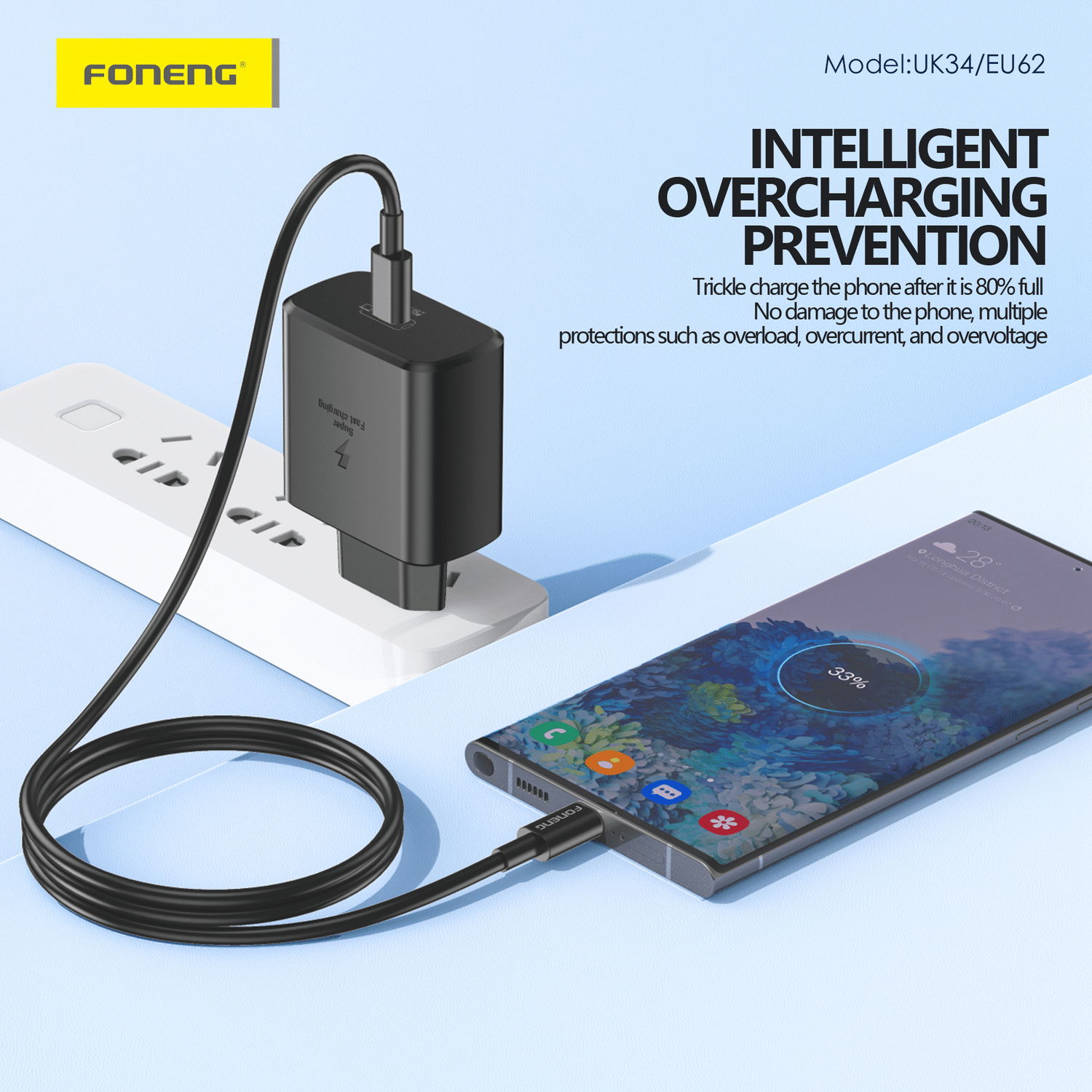 Foneng EU62 GaN stenski polnilec - Type-C - PD 45 W - črn