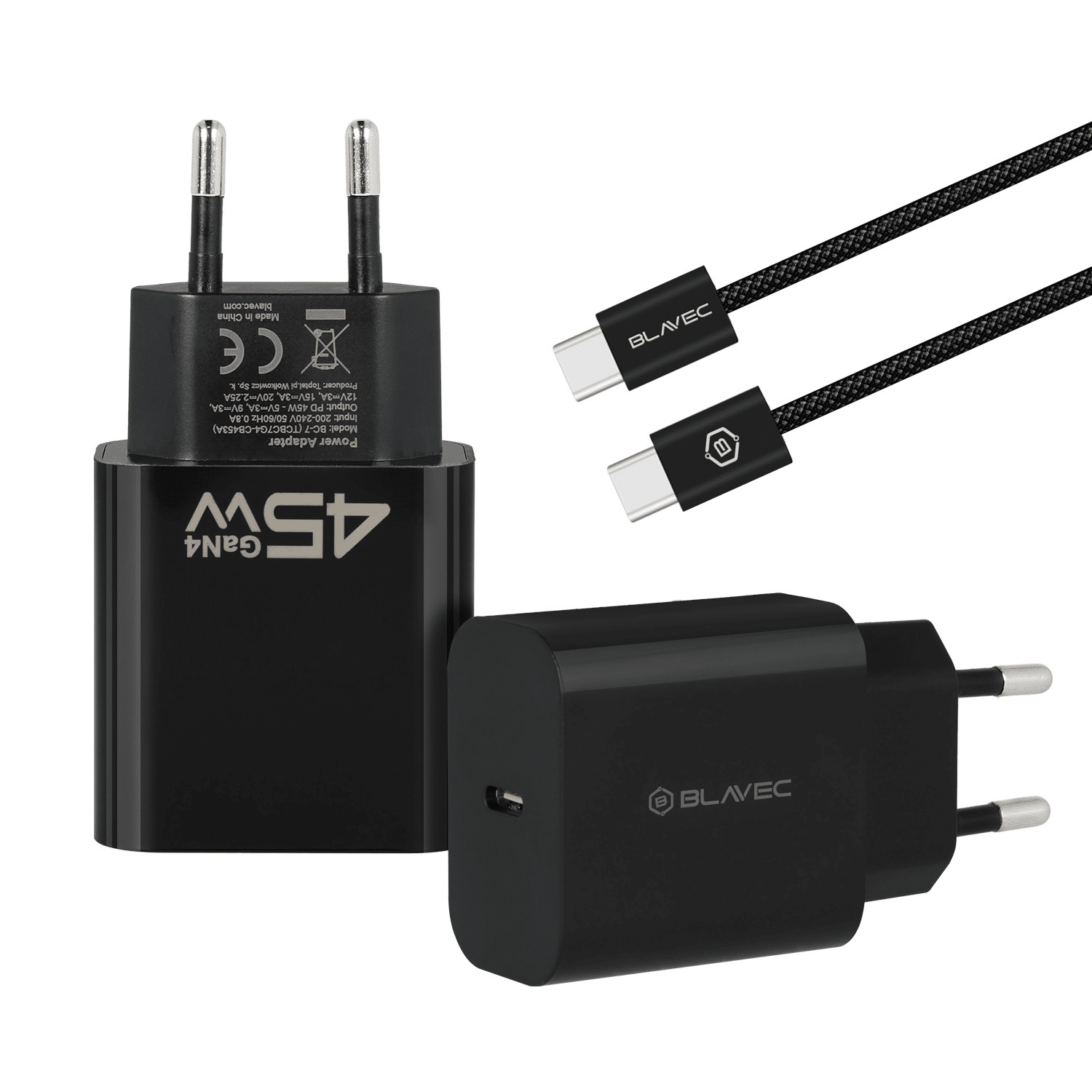 Blavec Zidni punjač BC-7 GaN4 - Tip C - PD QC 45W 3A s kabelom Type C na Type C - crni