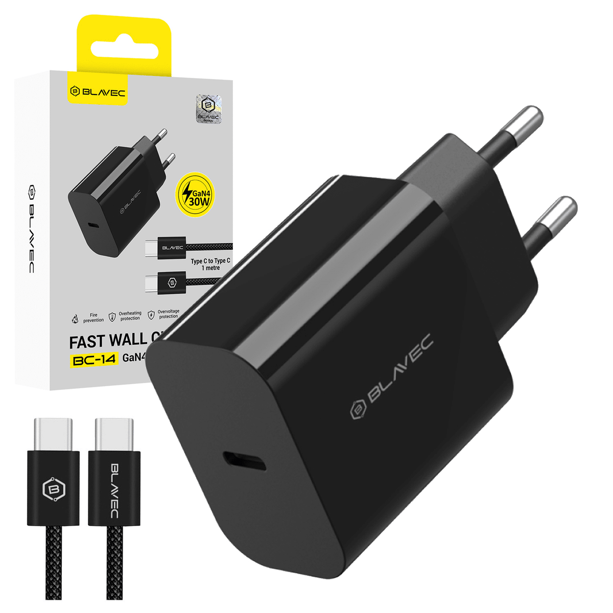 Stenski polnilec Blavec GaN4 - Tip C - PD QC 30W 3A s kablom Tip C na Tip C črn