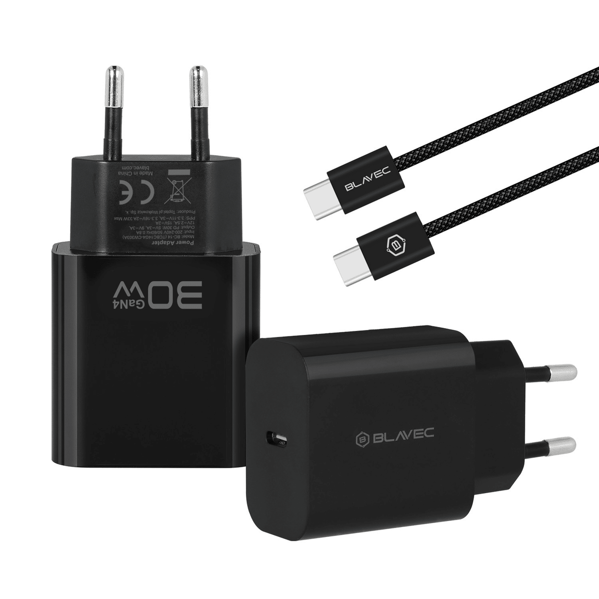 Stenski polnilec Blavec GaN4 - Tip C - PD QC 30W 3A s kablom Tip C na Tip C črn
