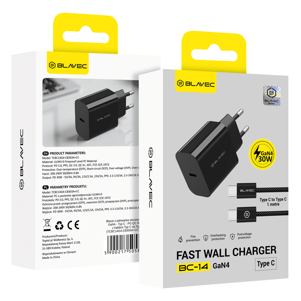 Zidni punjač Blavec GaN4 - Tip C - PD QC 30W 3A s kabelom Tip C na Tip C  crni