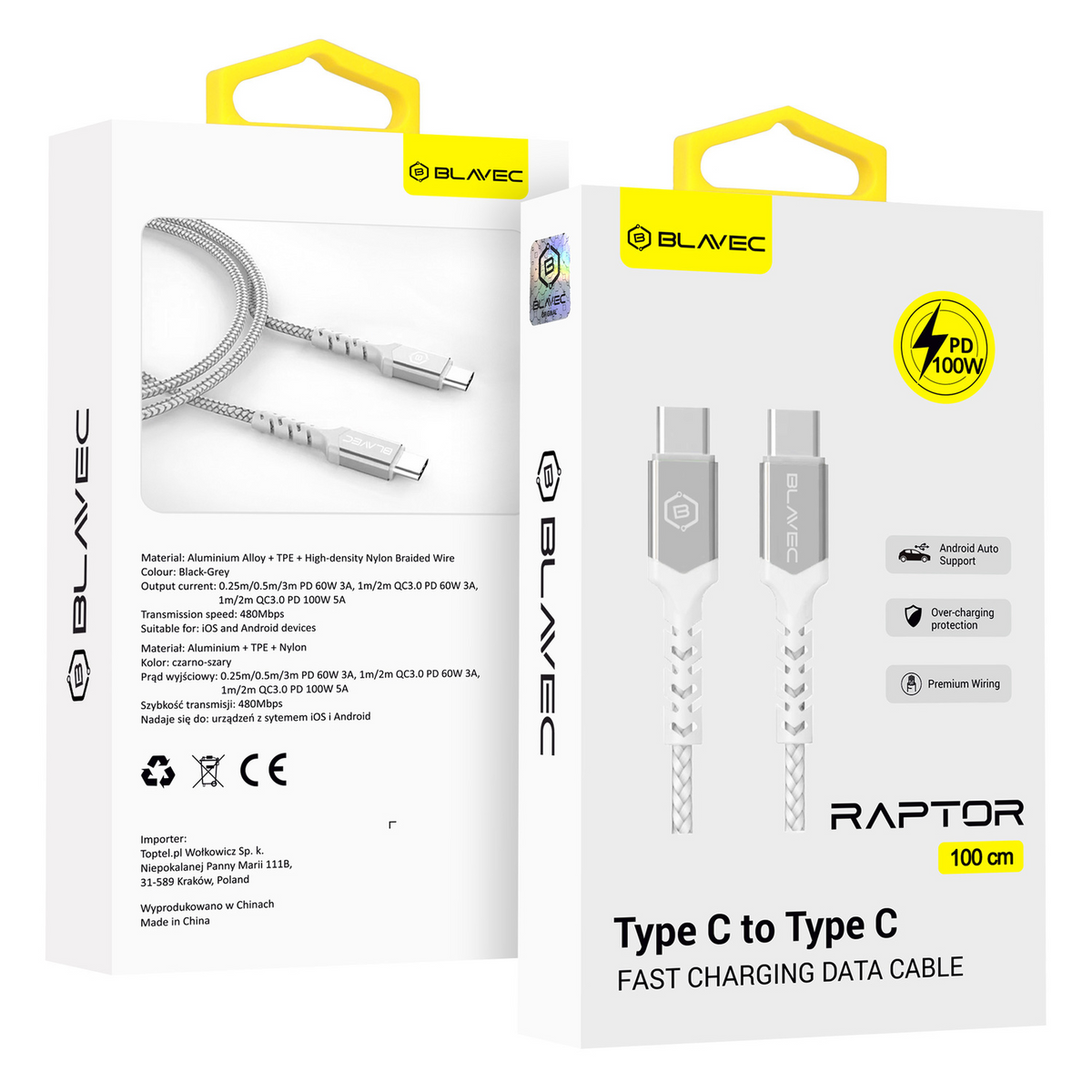 Pleteni kabel Blavec Raptor - Tip C na Tip C - PD 100W 5A 1 meter Apple CarPlay/Android Auto