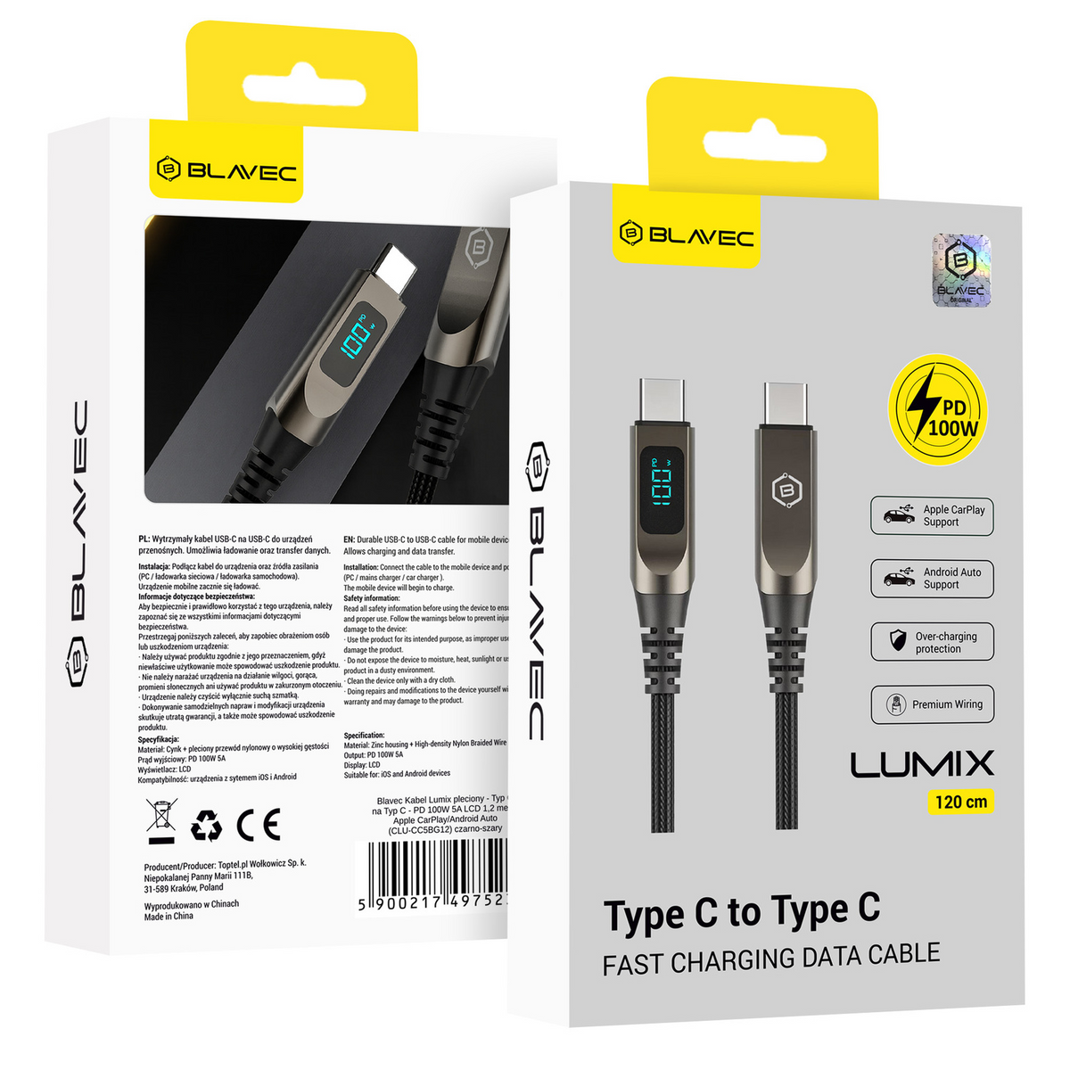 Blavec Kabel Lumix - Tip C na Tip C - PD 100W 5A LED zaslon 120 cm Apple CarPlay/Android Auto