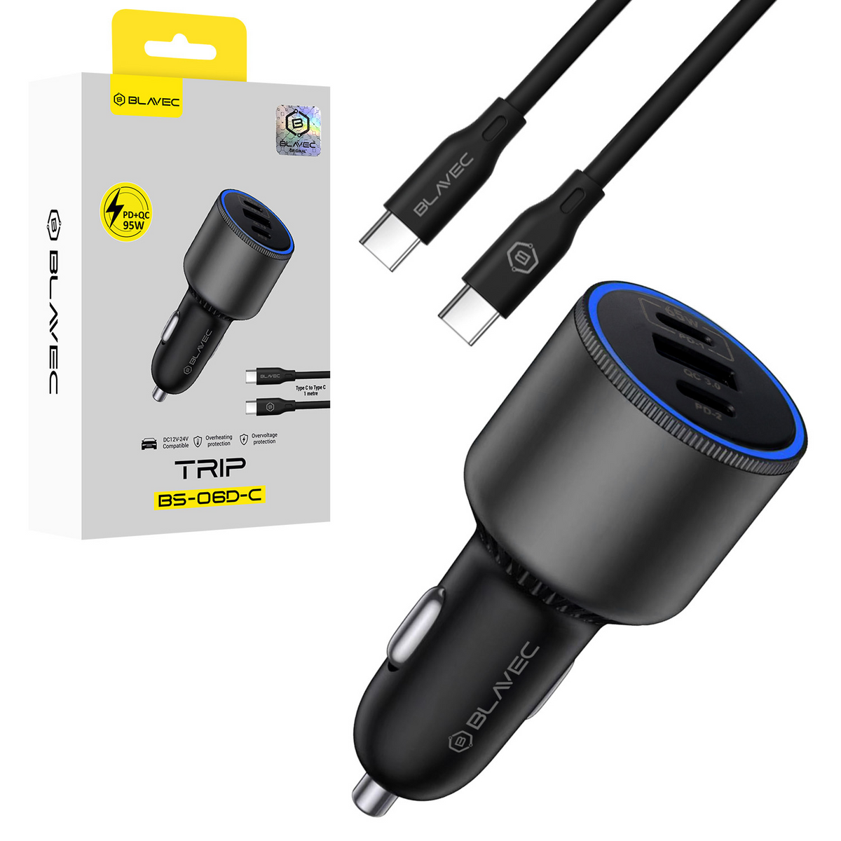 Avto polnilec Blavec USB + 2xType C - QC 3.0 + PD (95W) s Type C na Type C kablom