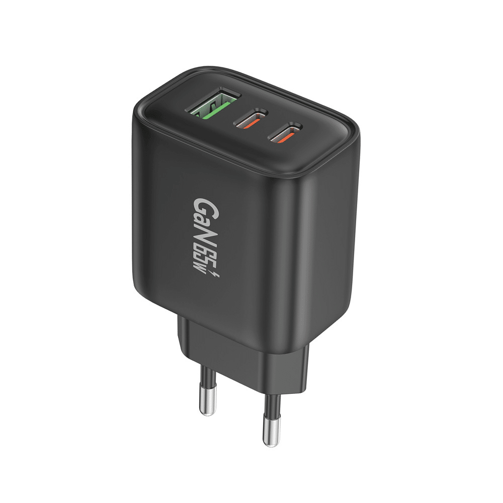 Stenski polnilec Foneng GaN PPS – USB + 2xType C – QC 4.0+ PD 65W s kablom Type C na Type C črn