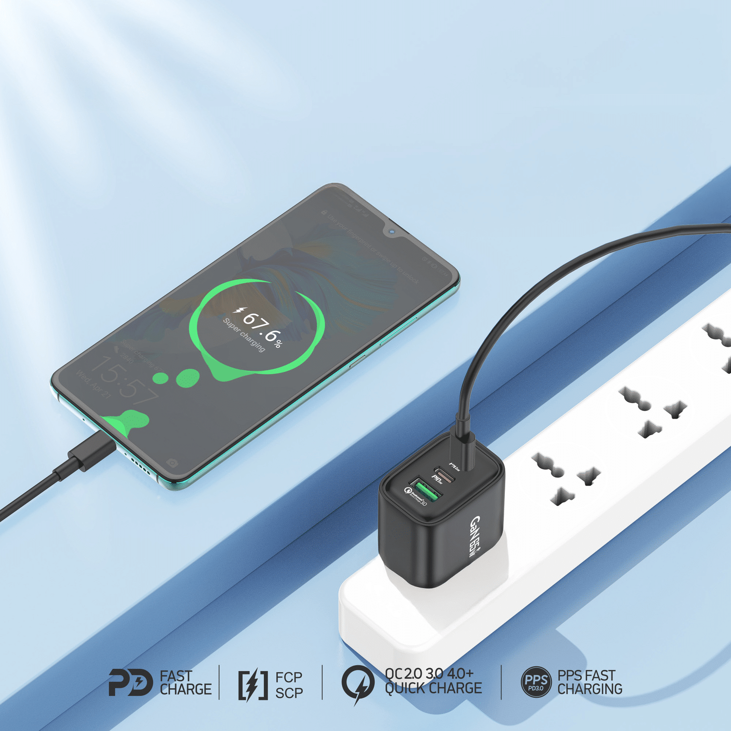 Stenski polnilec Foneng GaN PPS – USB + 2xType C – QC 4.0+ PD 65W s kablom Type C na Type C črn