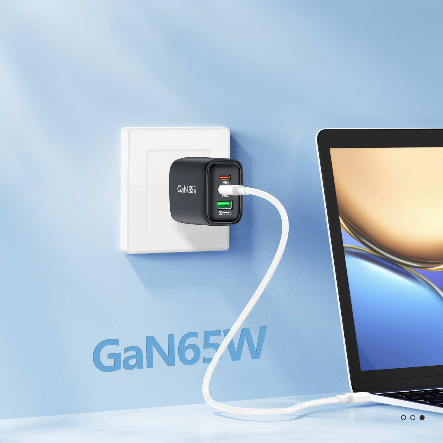 Stenski polnilec Foneng GaN PPS – USB + 2xType C – QC 4.0+ PD 65W s kablom Type C na Type C črn
