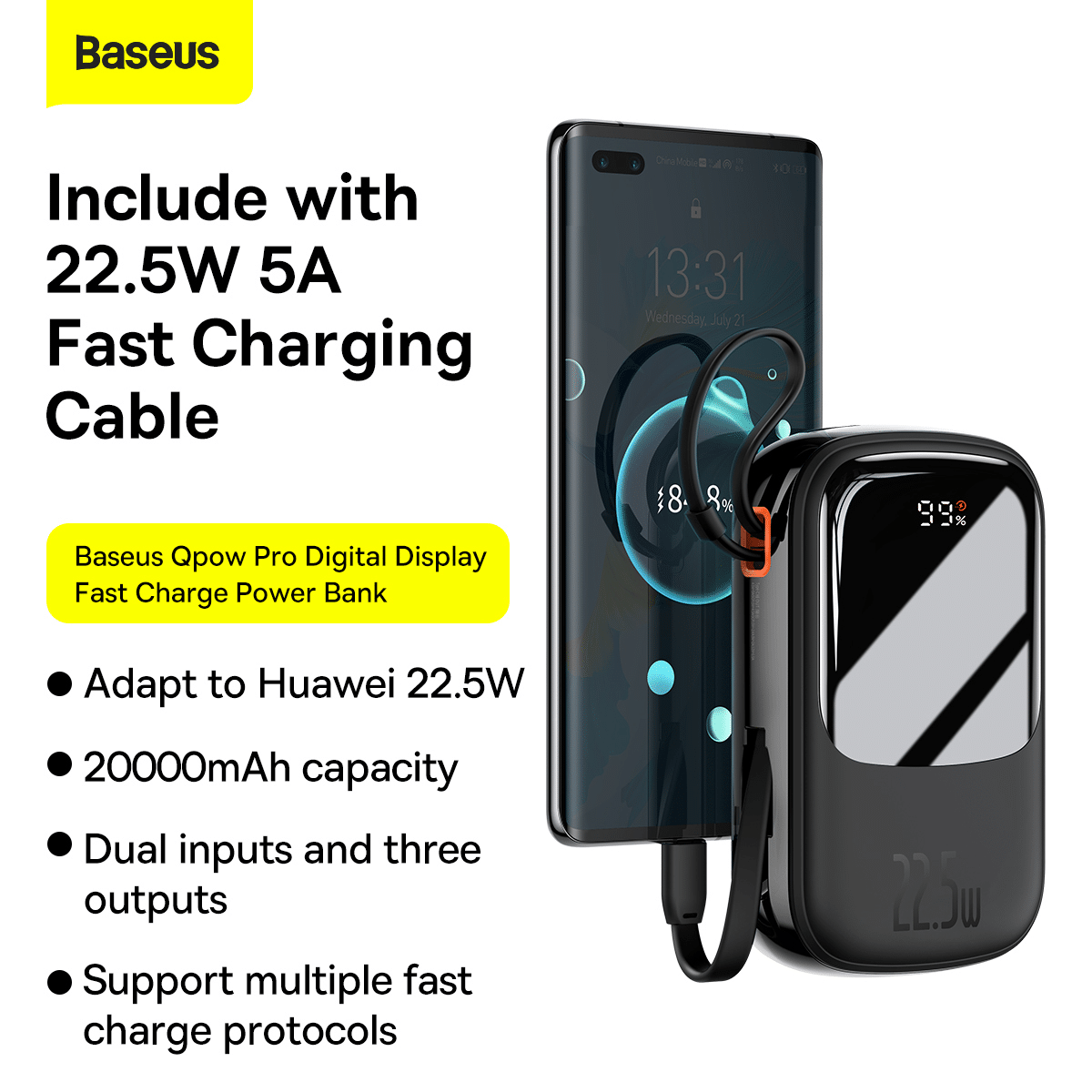 Baseus Power Bank 20000mAh Qpow Pro - USB + Type C - PD 22,5W s Type C kablom (PPQD060301) črn
