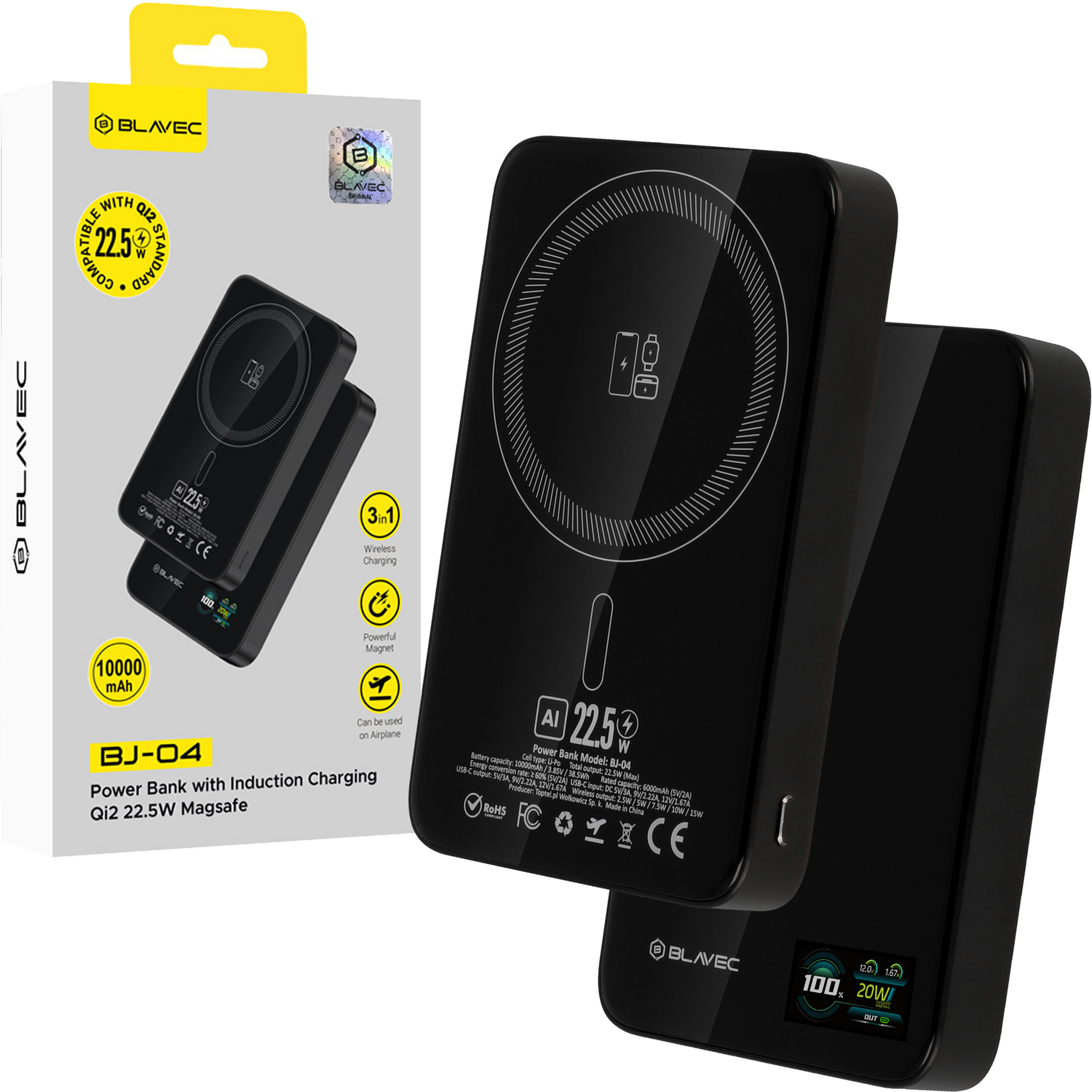 Power Bank Blavec 10000mAh BJ-04 Slim Type-C Magsafe 3 v 1 - črno steklo
