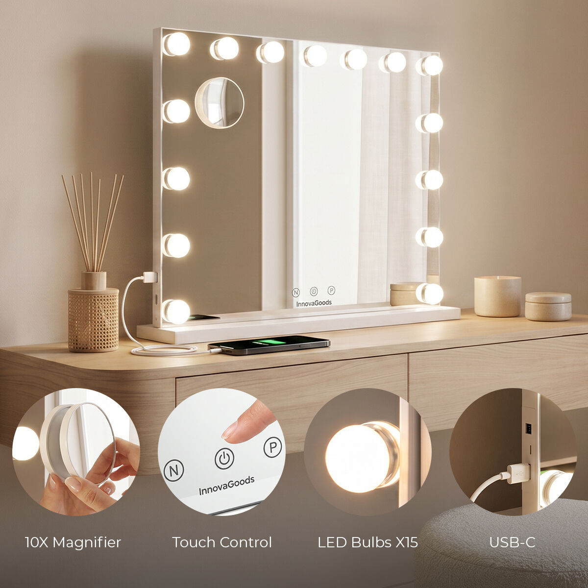 Toaletno ogledalo s LED rasvjetom Hollywood Glimma Deluxe InnovaGoods 15 Žarulje