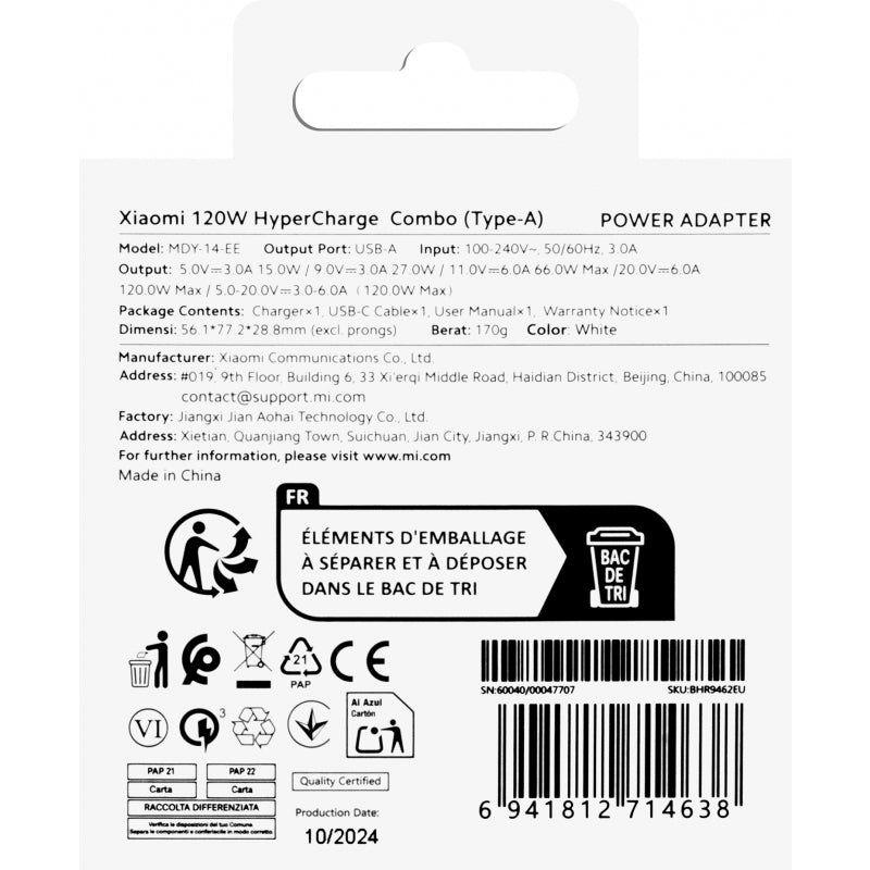Zidni polnilec Xiaomi 120W 6A 1 x USB-A s kablom USB-C bel BHR9462EU
