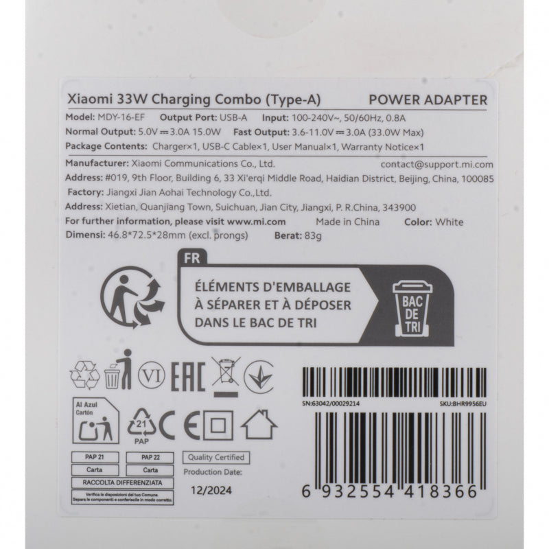 Stenski polnilec Xiaomi 33W 3A 1 x USB-A z USB-C kablom bel BHR9956EU