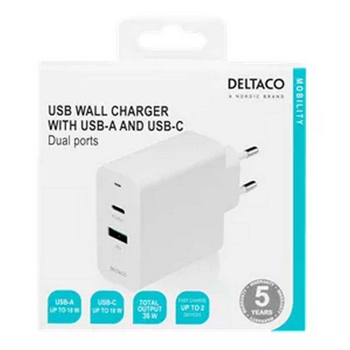 DELTACO Kućni Punjač USB 1X USB-C PD 18W,1X USB-A 18W,36W BIJELI